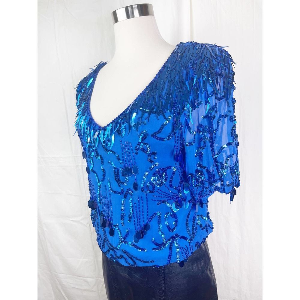 Vintage 1980s Oleg Cassini Deep V Neck Sequin Bright Blue Disco Top - Picture 3 of 5
